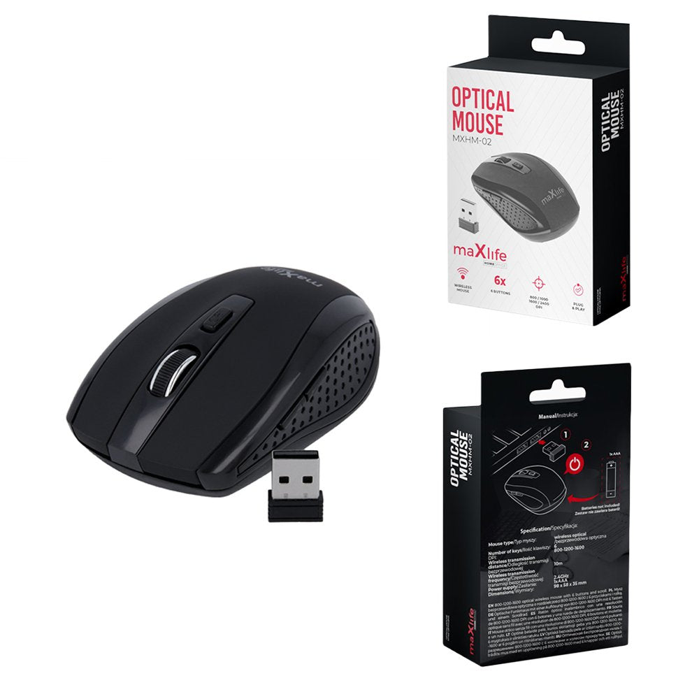 Maxlife bezvadu datorpele Home Office MXHM-02 optical 800/1000/1600 DPI, melna