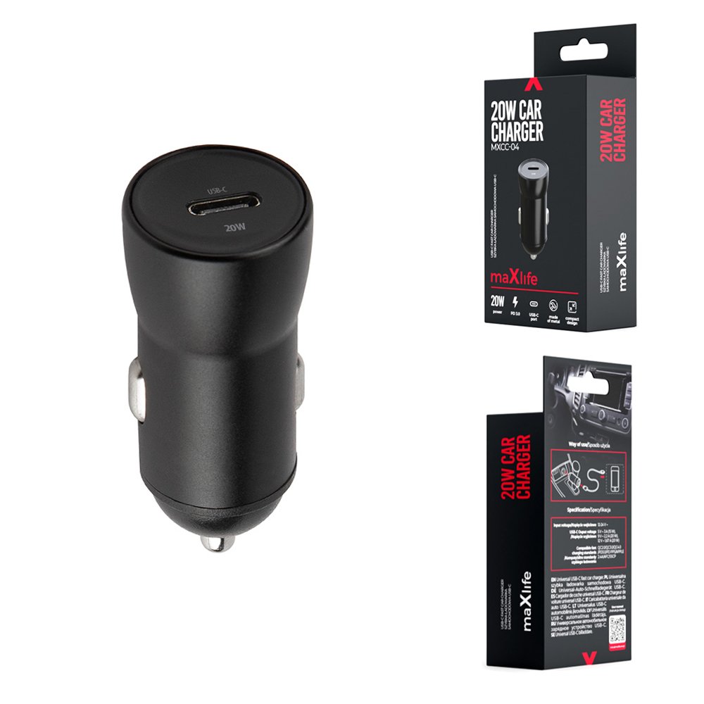 Maxlife auto lādētājs MXCC-04 PD QC 1x USB-C 20W, melns