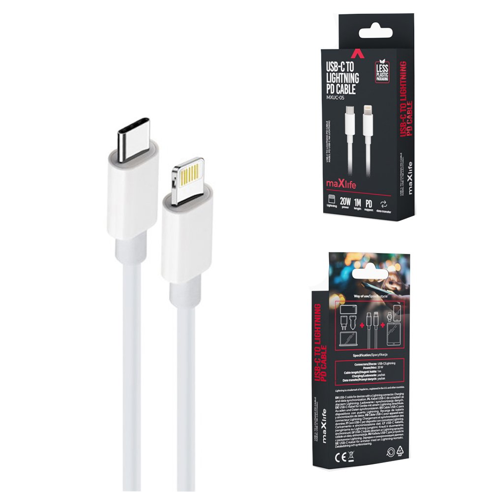 Maxlife kabelis MXUC-05 USB-C - Lightning 1,0 m 20W, balts