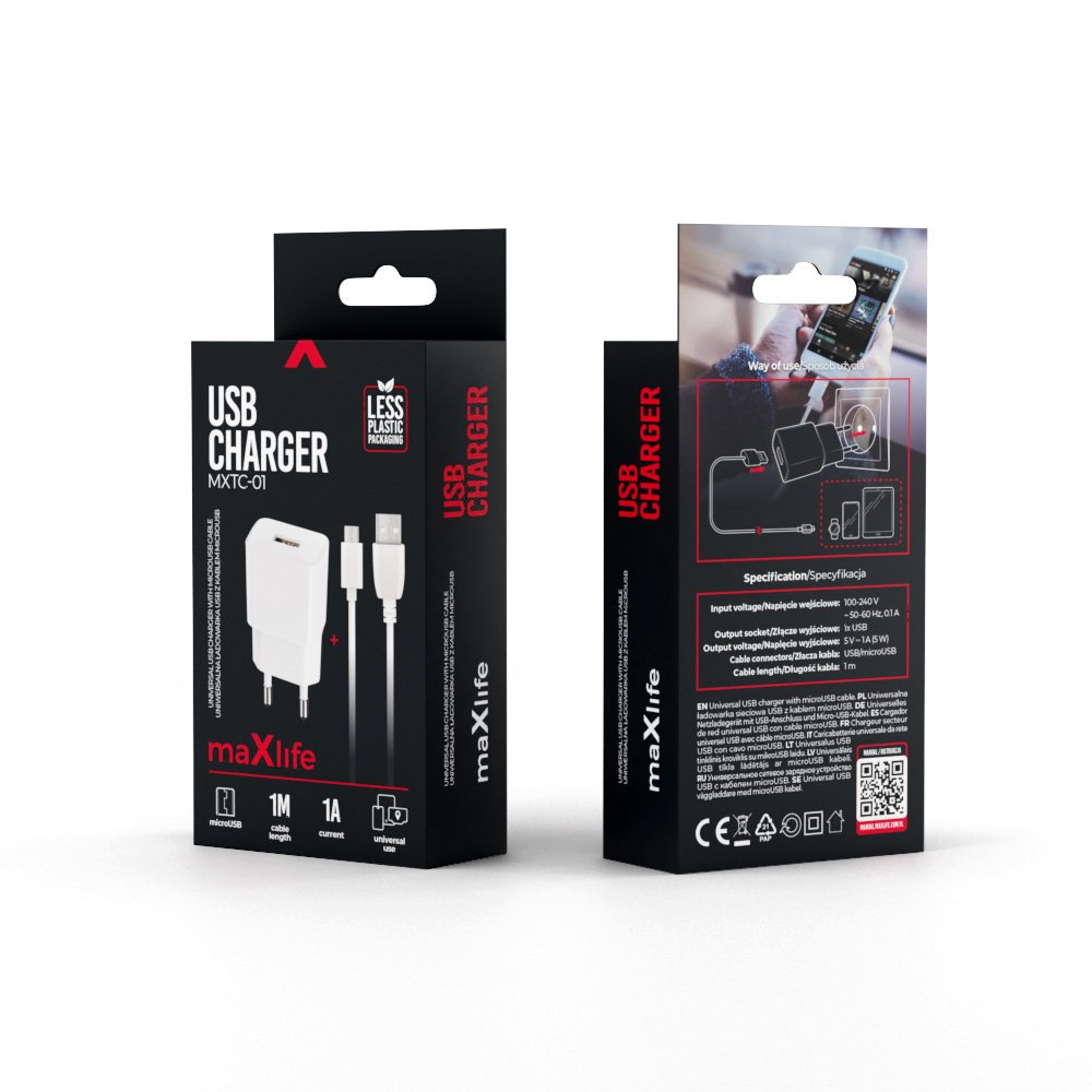 Maxlife MXTC-01 tīkla lādētājs 1x USB 1A balts + microUSB kabelis