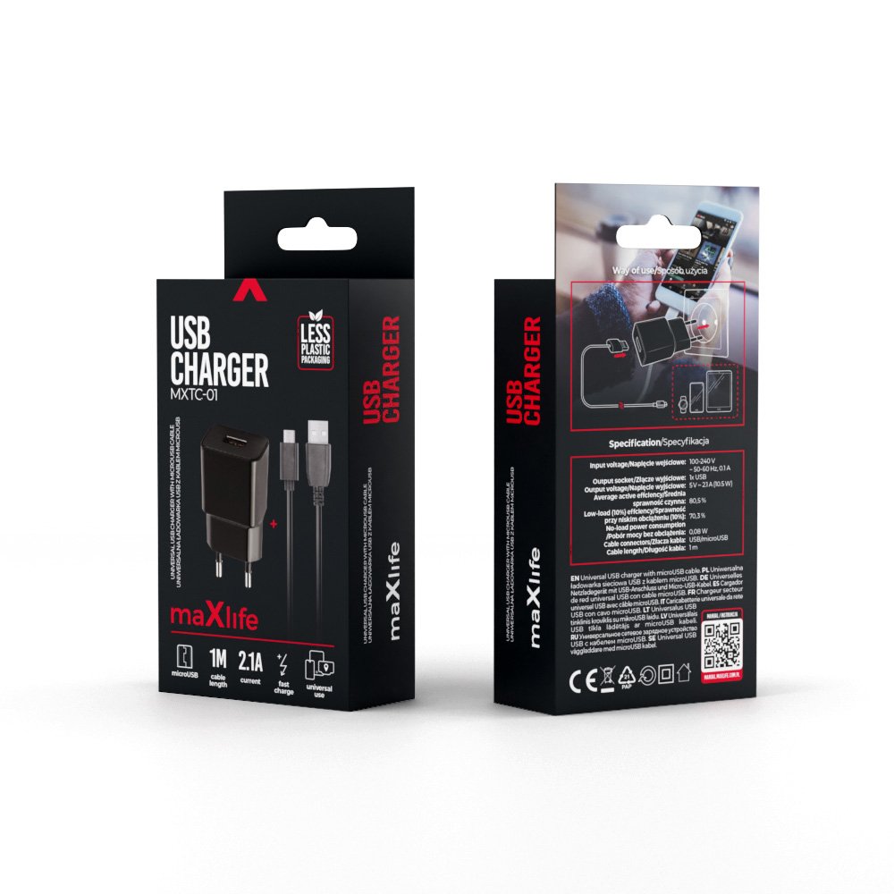 Maxlife MXTC-01 tīkla lādētājs 1x USB 2.1A melns + microUSB kabelis
