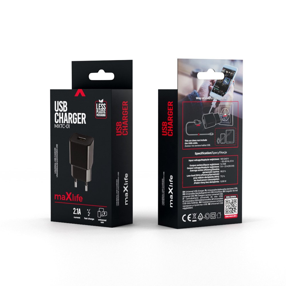 Maxlife lādētājs MXTC-01 1x USB 2.1A, melns