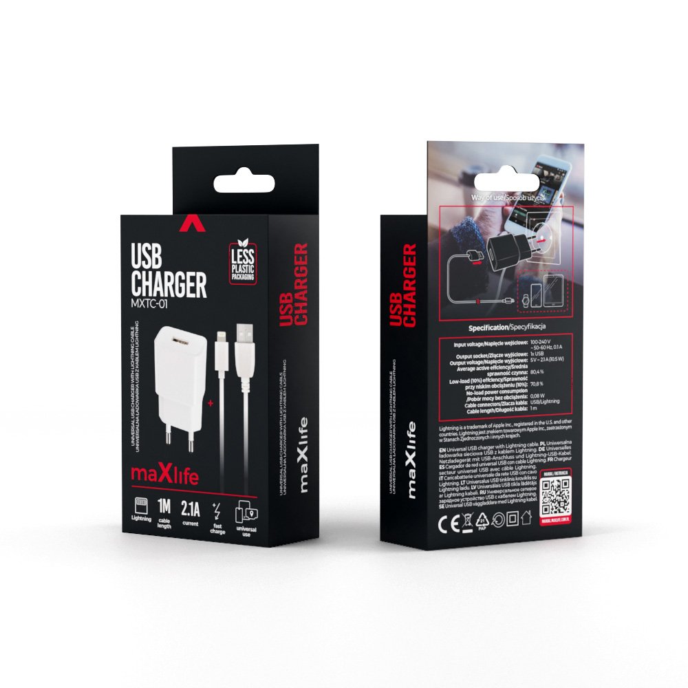Maxlife MXTC-01 tīkla lādētājs 1x USB 2.1A balts + Lightning kabelis