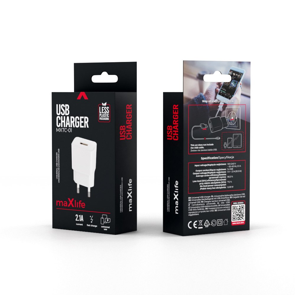 Maxlife lādētājs MXTC-01 1x USB 2.1A, balts