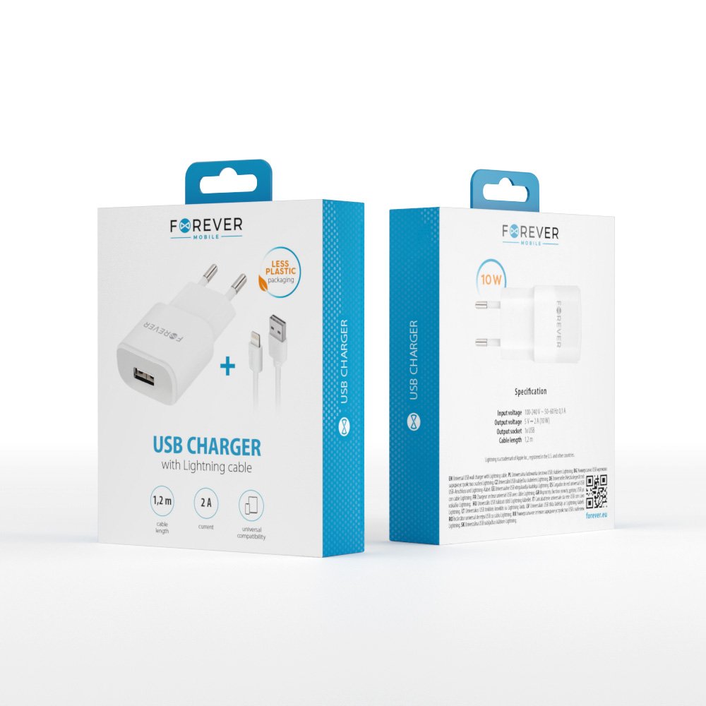 Forever TC-01 tīkla lādētājs 1x USB 2A balts + Lightning kabelis