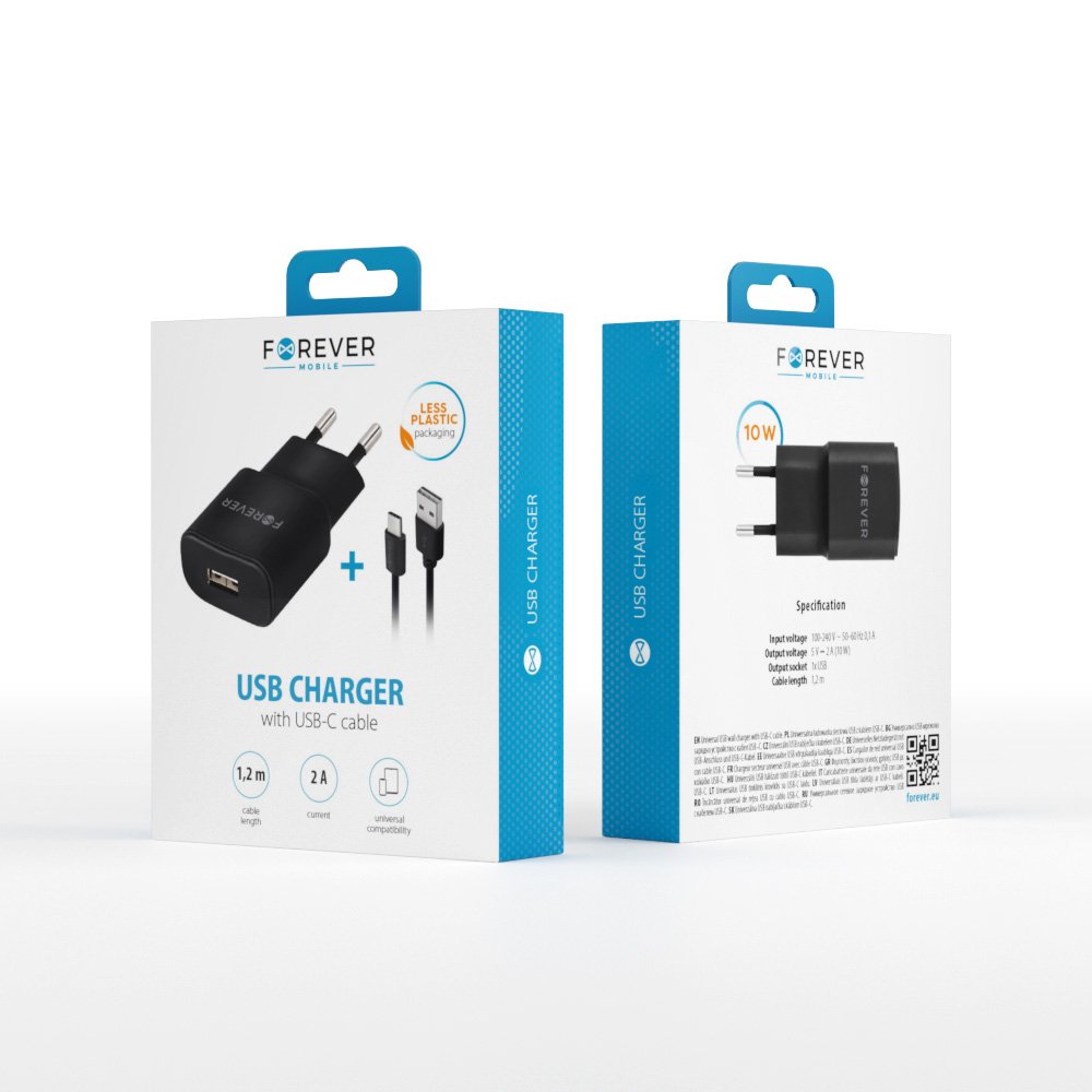 Forever TC-01 tīkla lādētājs 1x USB 2A melns + USB-C kabelis