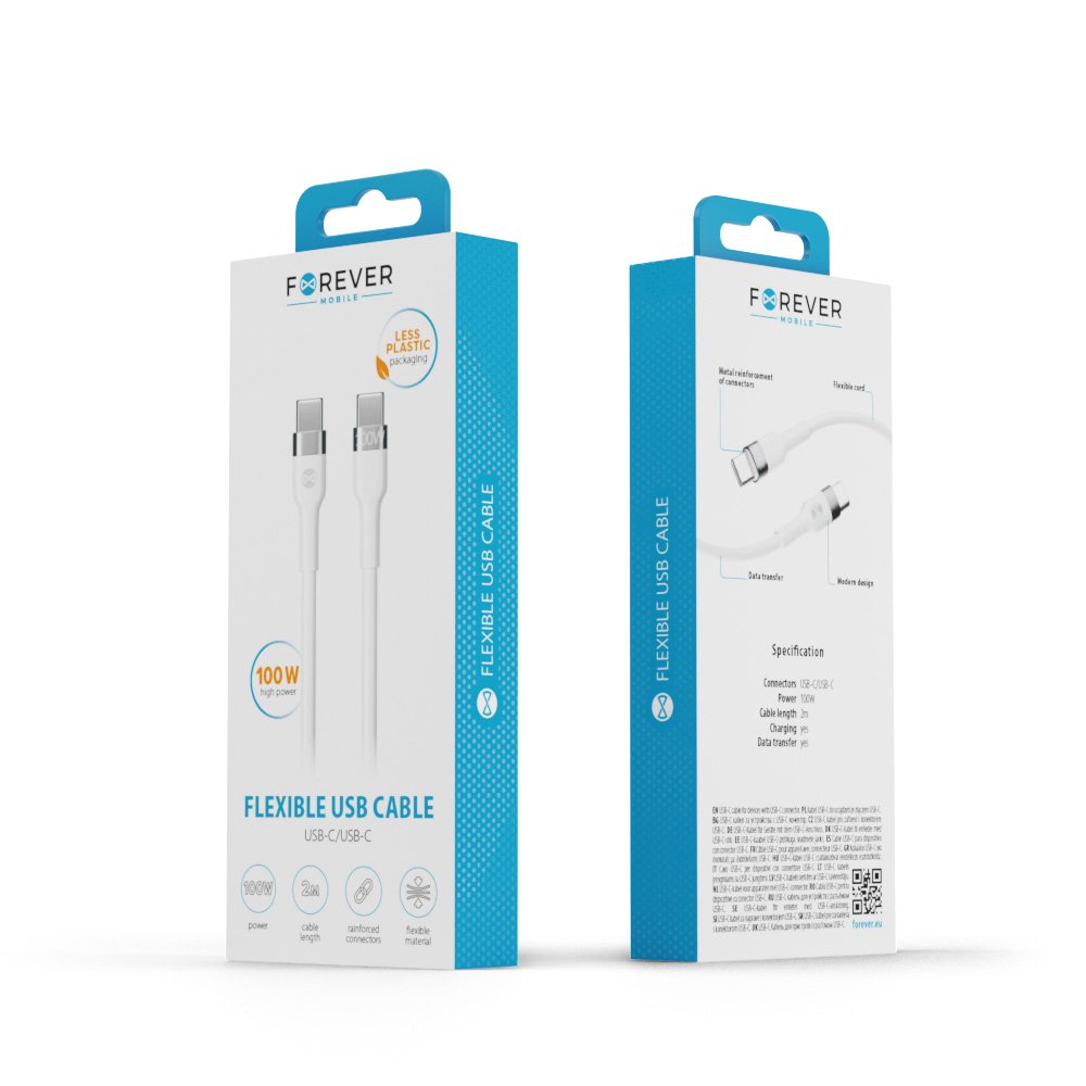 Forever kabelis Flexible USB-C - USB-C 2,0 m 100W, balts