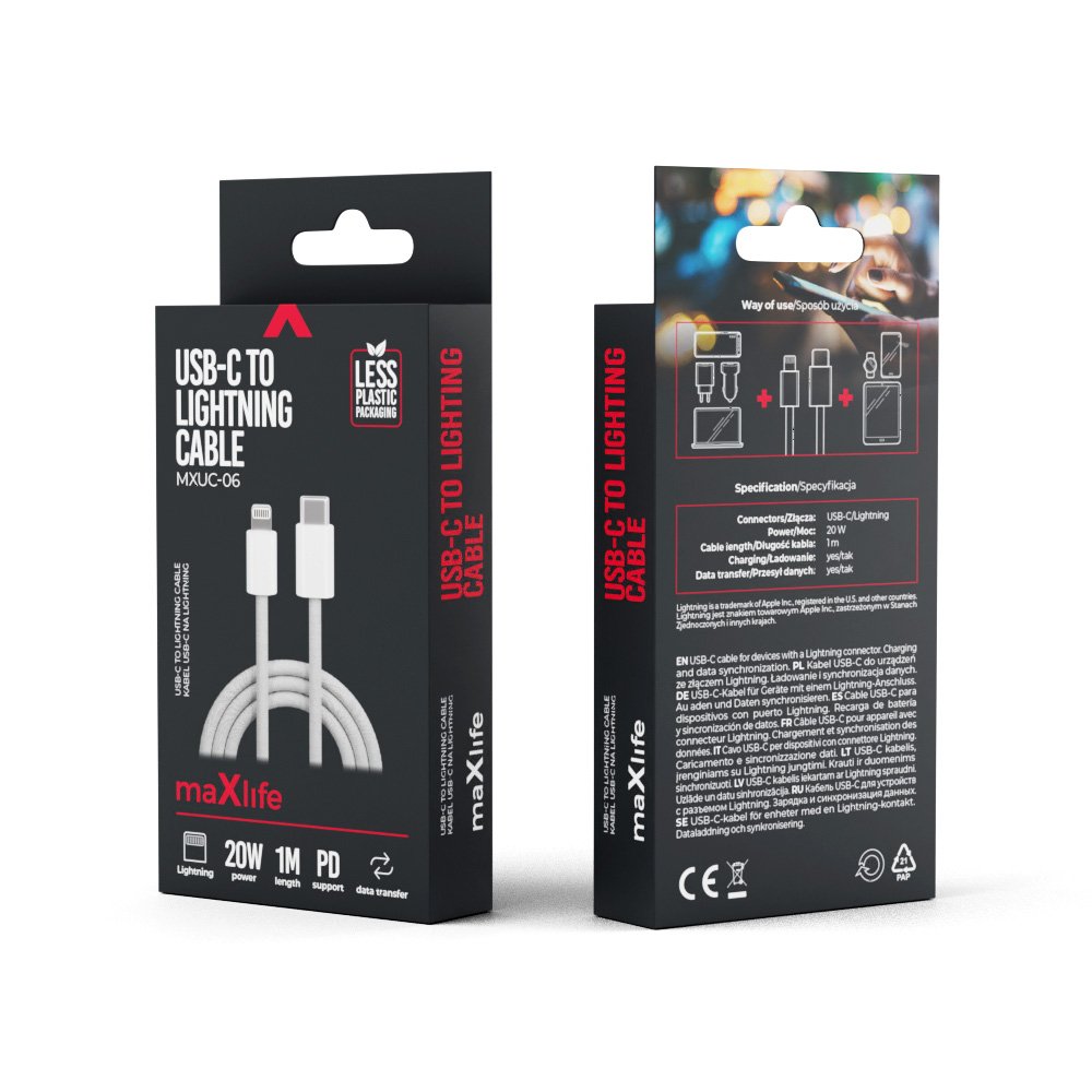 Maxlife MXUC-06 kabelis USB-C - Lightning 1,0 m 20W pelēks neilons