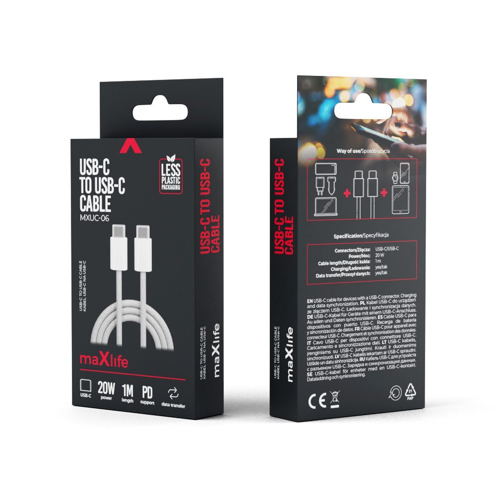 Maxlife MXUC-06 kabelis USB-C - USB-C 1,0 m 20W pelēks neilons