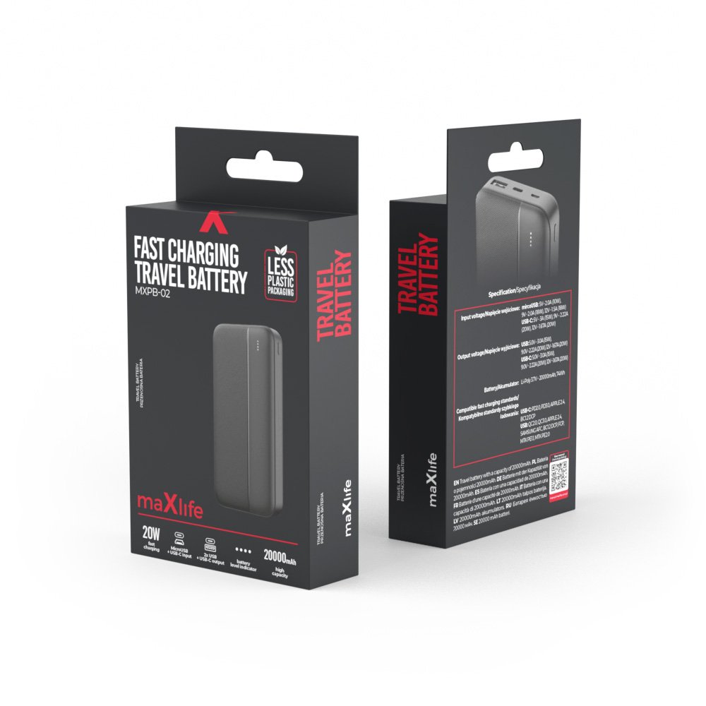 Maxlife ārējā baterija MXPB-02 PD QC 20W 20000 mAh, melna