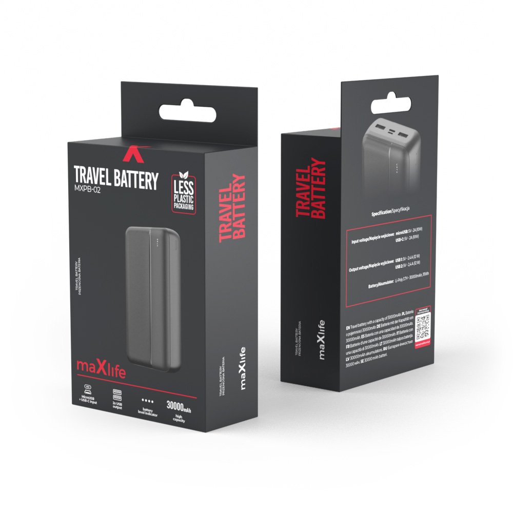 Maxlife ārējā baterija MXPB-02 30000 mAh, melna