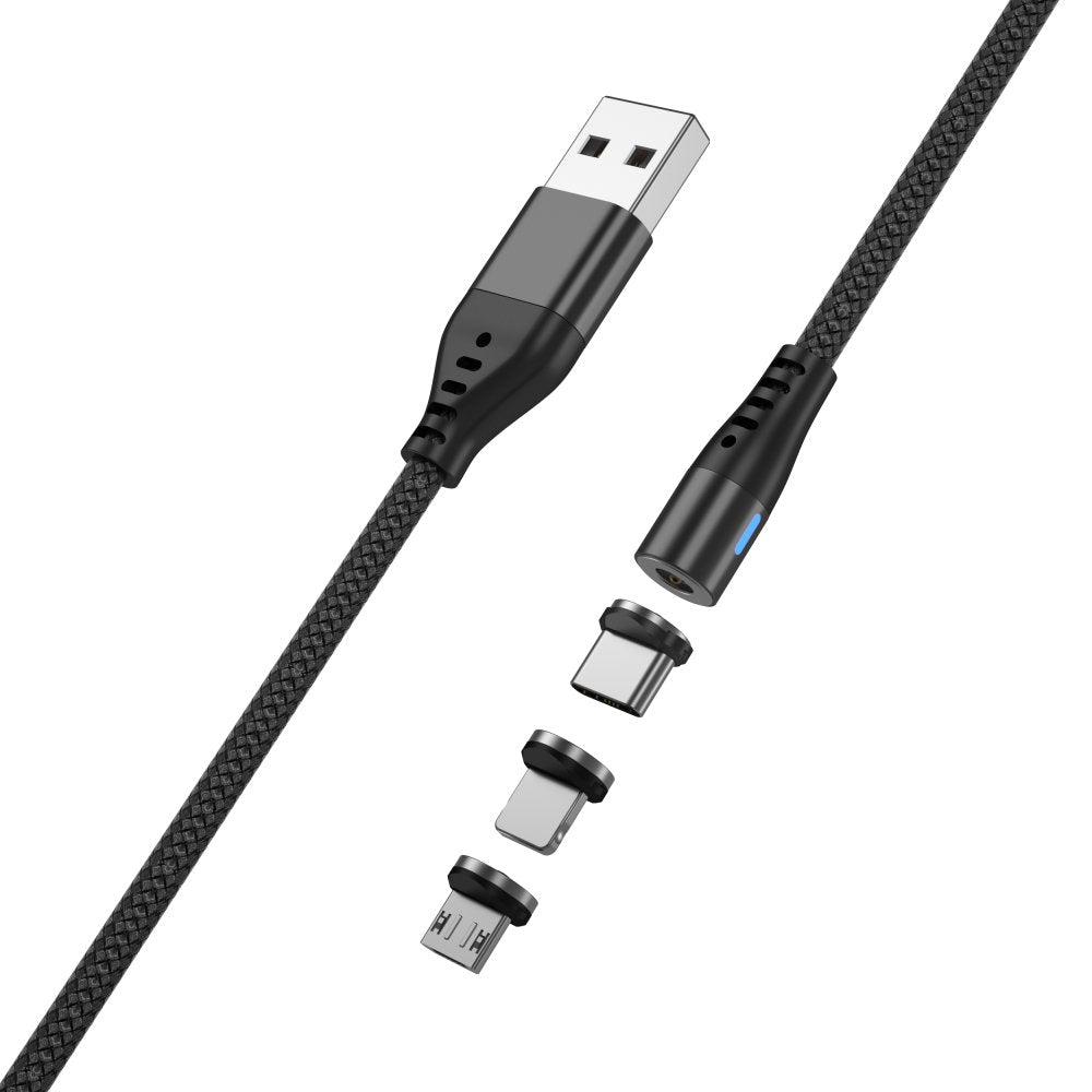 Maxlife MXUC-02 magnētiskais kabelis USB - Lightning + USB-C + microUSB 1,0 m 2A melns neilons