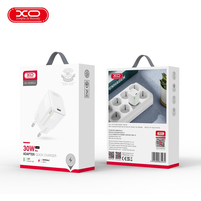 XO tīkla lādētājs CE06 PD 30W 1x USB-C, balts
