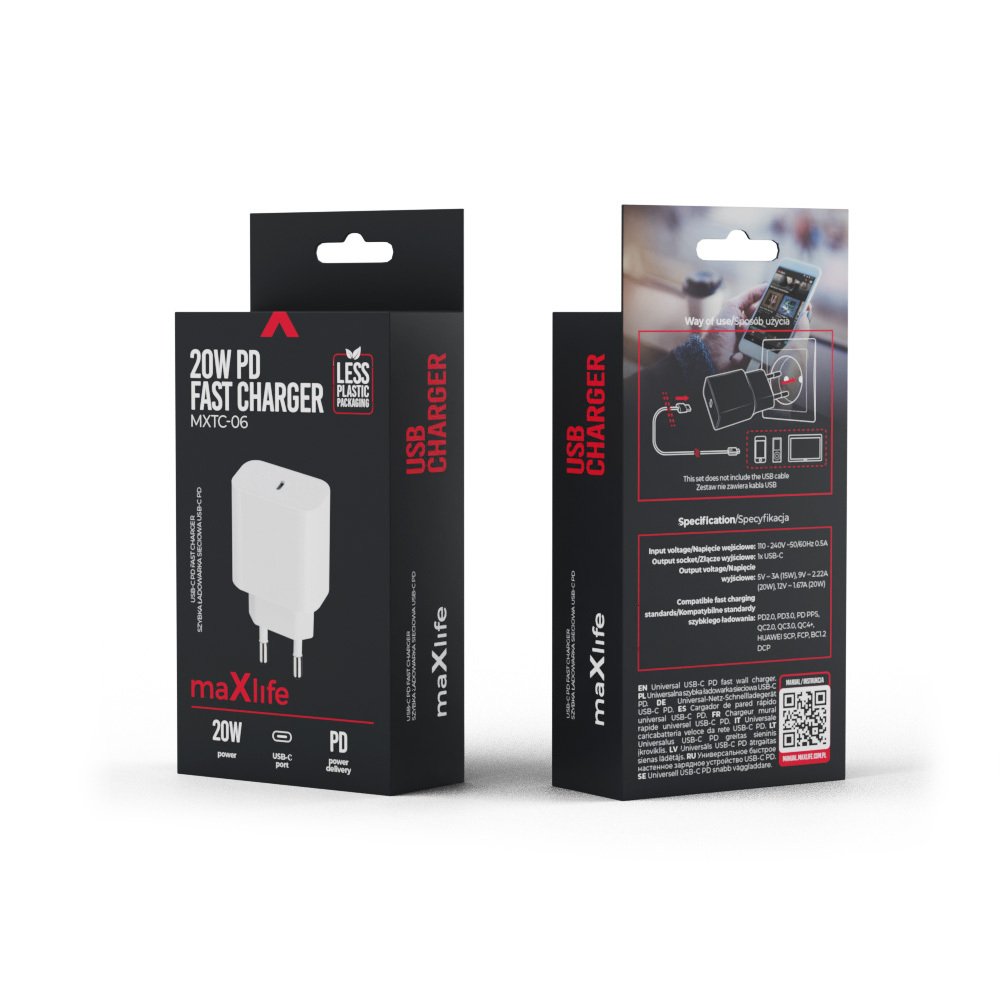Maxlife lādētājs MXTC-06 PD QC 1x USB-C 20W, balts