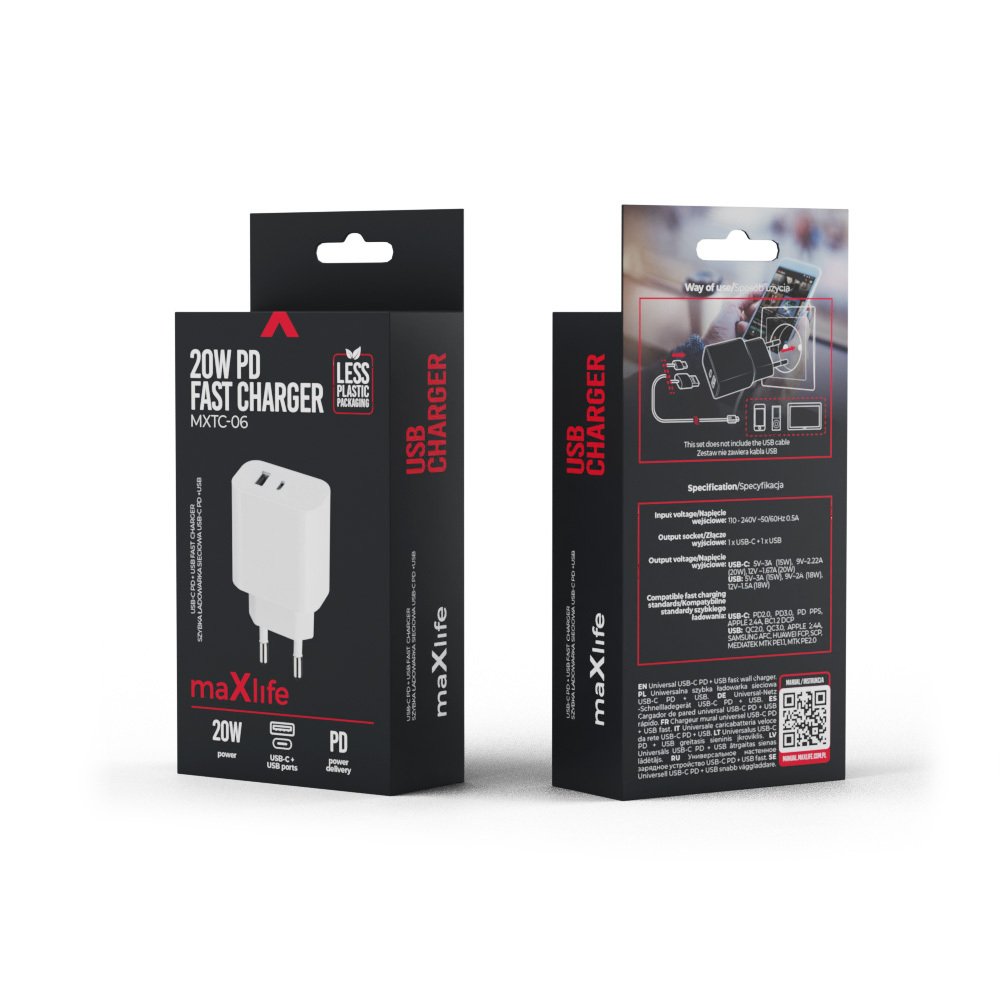 Maxlife lādētājs MXTC-06 PD QC 1x USB-C 1x USB 20W, balts