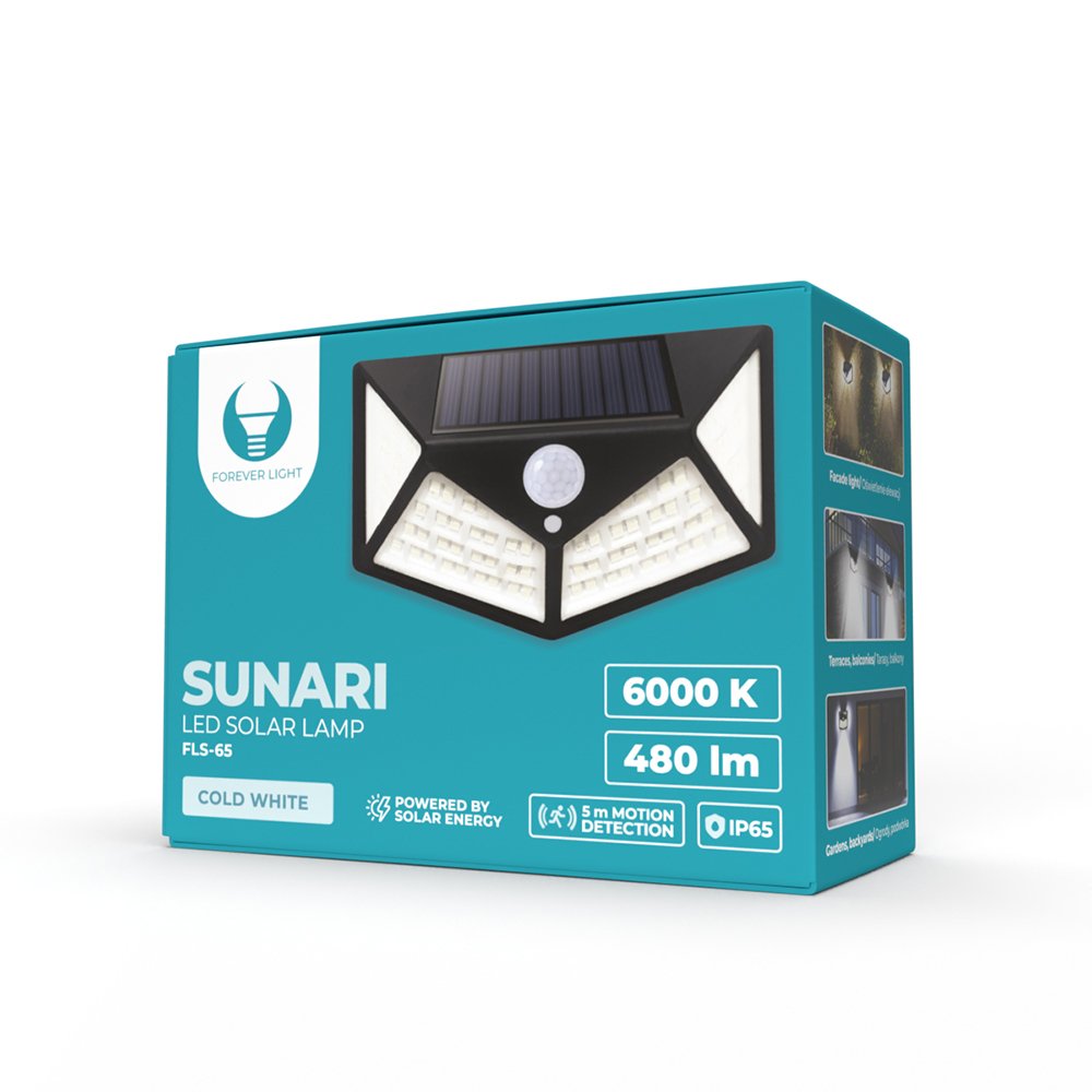 Forever Light ar saules uzlādi LED lampa SUNARI FLS-65 100*SMD PIR 6W 480lm 6000K 1200mAh Li-Ion