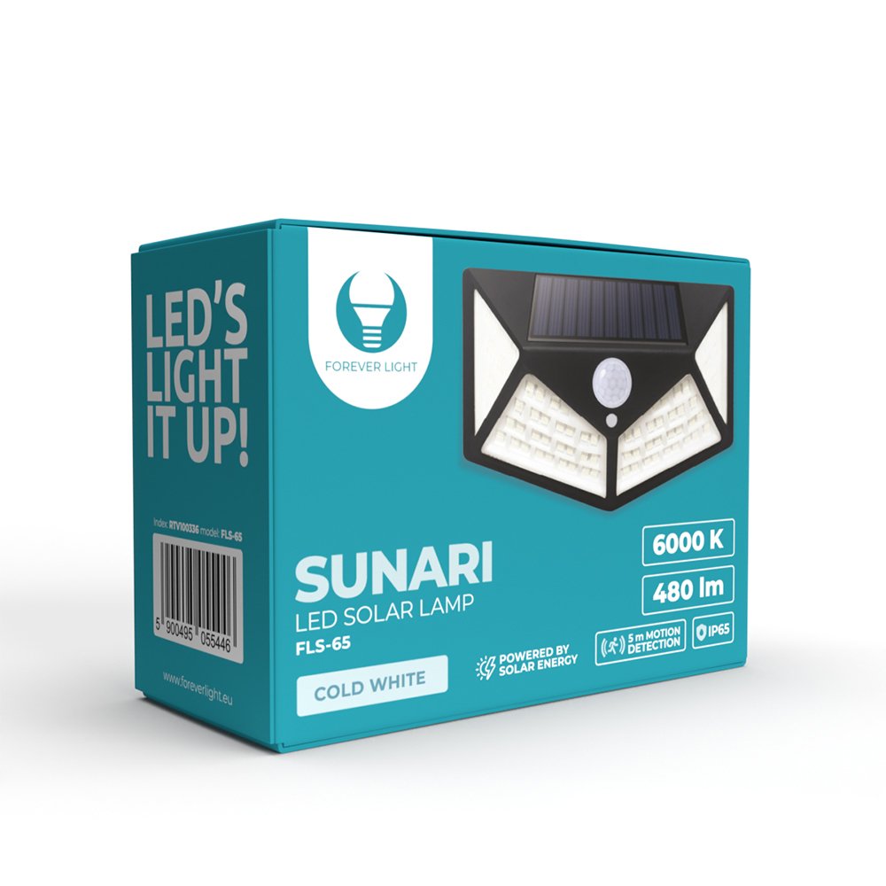 Forever Light ar saules uzlādi LED lampa SUNARI FLS-65 100*SMD PIR 6W 480lm 6000K 1200mAh Li-Ion