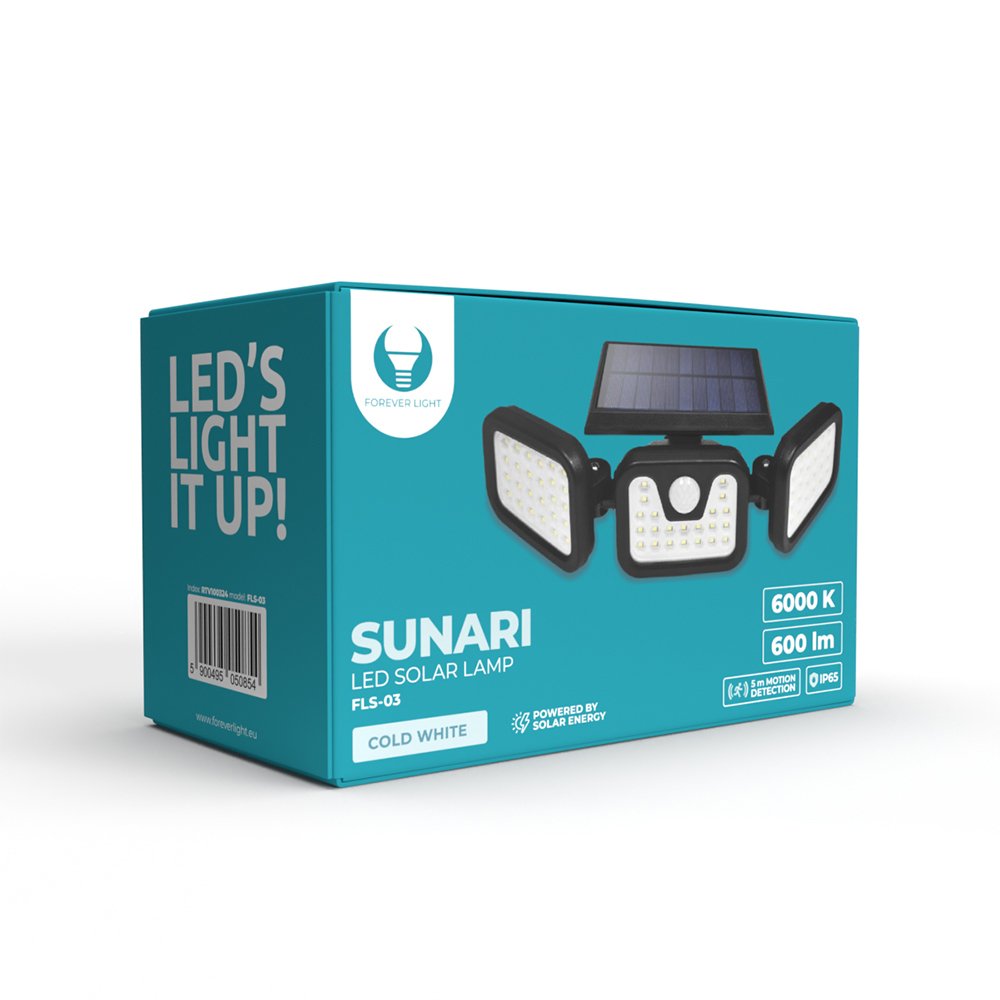 Forever Light ar saules uzlādi LED lampa SUNARI FLS-03 74*SMD PIR 8W 600lm 6000K 2400mAh Li-Ion