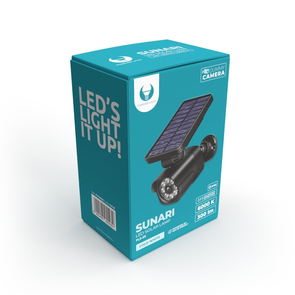 Forever Light ar saules uzlādi LED lampa SUNARI FLS-25 SMD PIR fiktīva camera 4W 300lm 6000K 1500mAh Li-Ion
