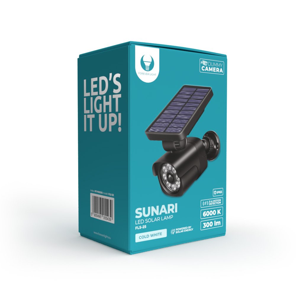 Forever Light ar saules uzlādi LED lampa SUNARI FLS-25 SMD PIR fiktīva camera 4W 300lm 6000K 1500mAh Li-Ion