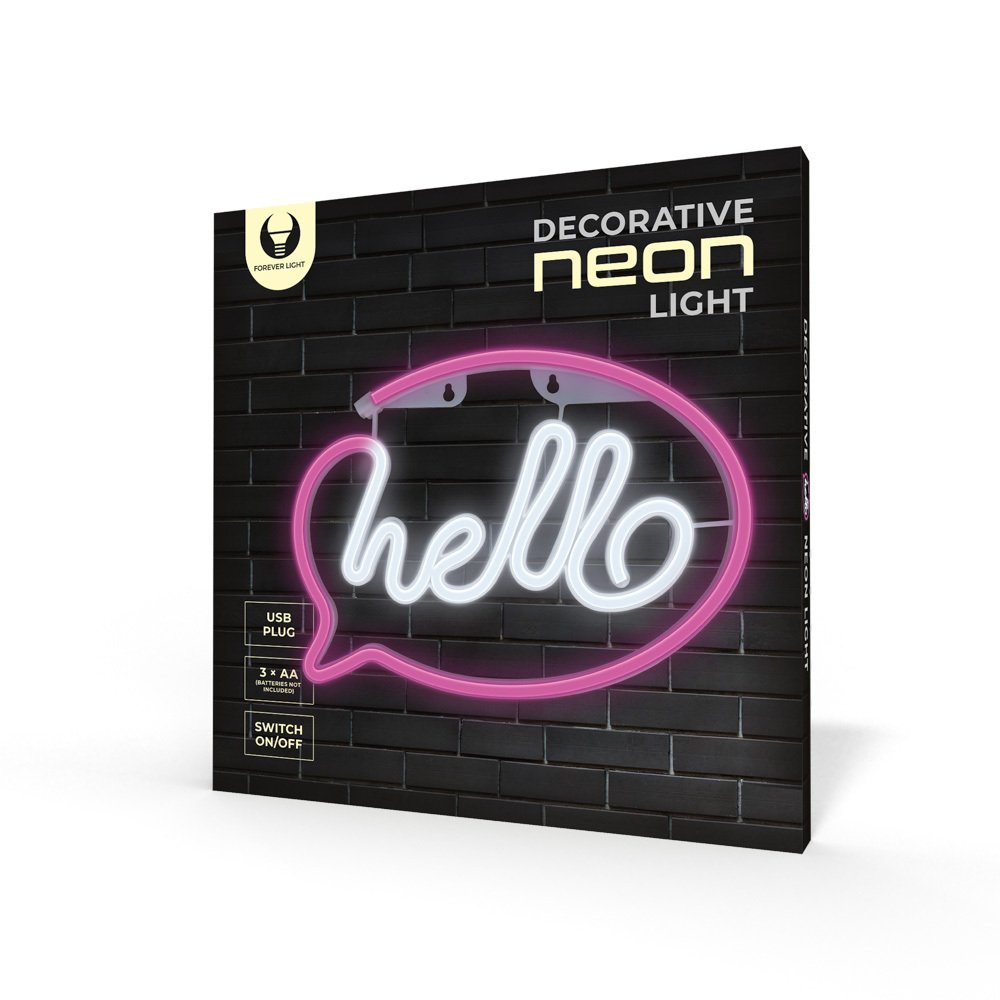 Neona LED HELLO rozā, balts Baterijas + USB FLNE15 Forever Light