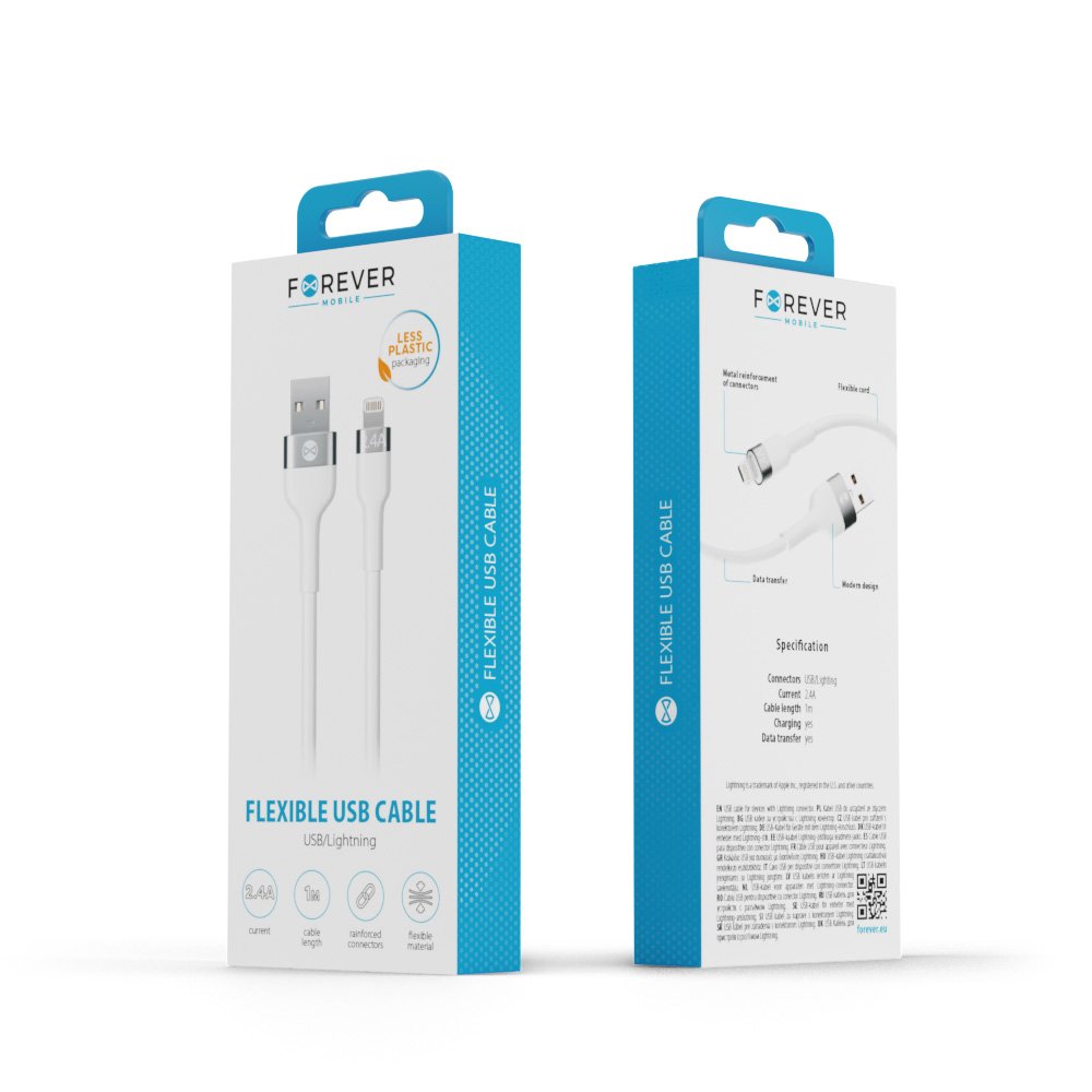 Kabelis Forever Flexible USB - Lightning 1,0 m 2.4A, balts