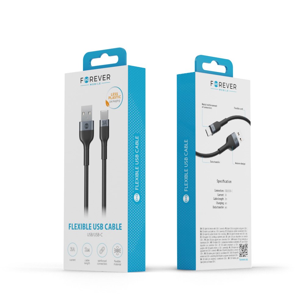 Forever kabelis Flexible USB - USB-C 1,0 m 3A, melns