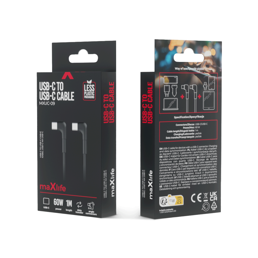 Maxlife kabelis MXUC-09 leņķa USB-C - USB-C 1,0 m 60W, melns