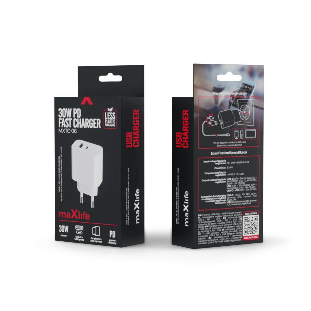 Maxlife lādētājs MXTC-06 PD QC 1x USB-C 1x USB 30W, balts