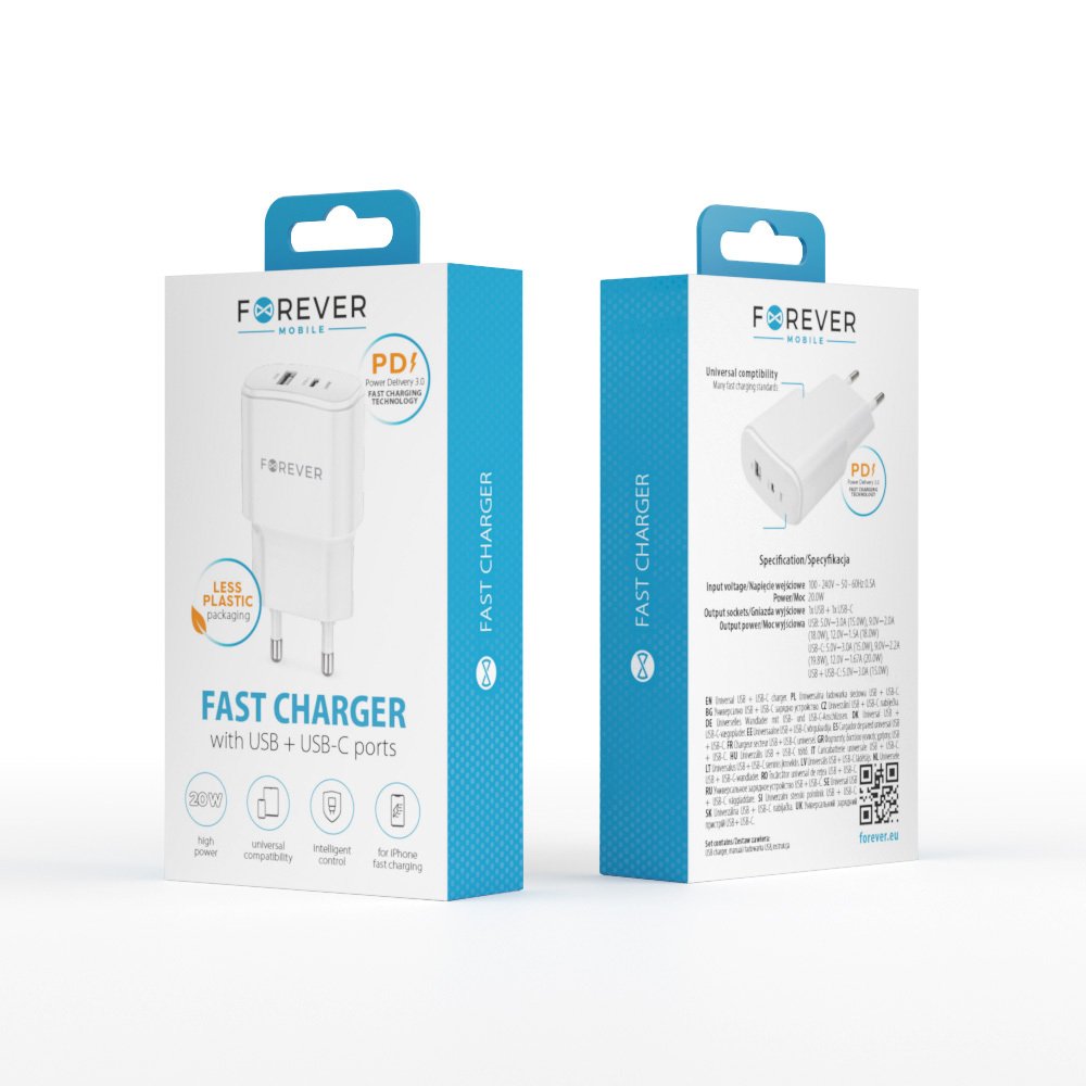 Forever lādētājs TC-01-20AC PD QC 1x USB-C 1x USB 20W, balts