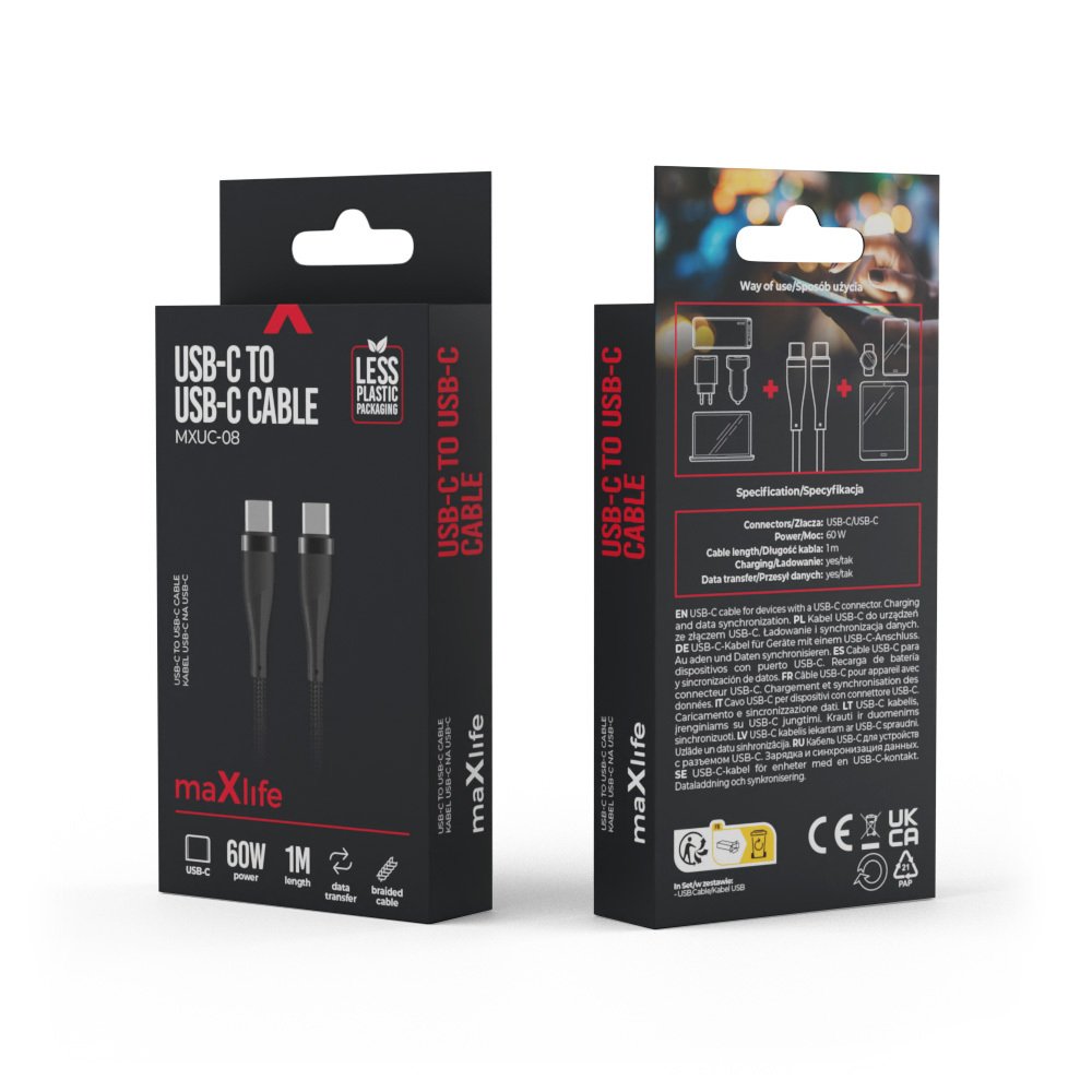 Maxlife MXUC-08 kabelis USB-C - USB-C 1,0 m 60W melns neilons
