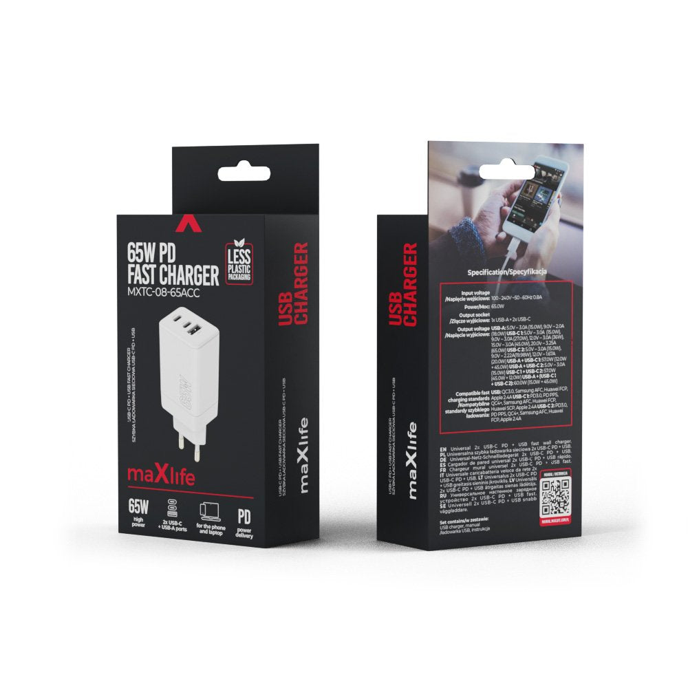 Maxlife lādētājs MXTC-08-65ACC PD QC 2x USB-C 1x USB 65W, balts