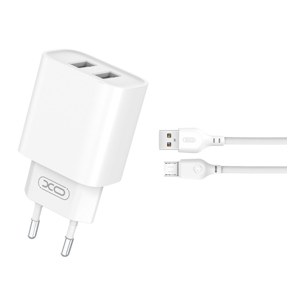 XO tīkla lādētājs CE02C 2x USB 2,1A balts + microUSB kabelis