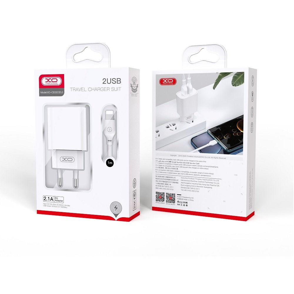 XO tīkla lādētājs CE02C 2x USB 2,1A balts + USB-C kabelis