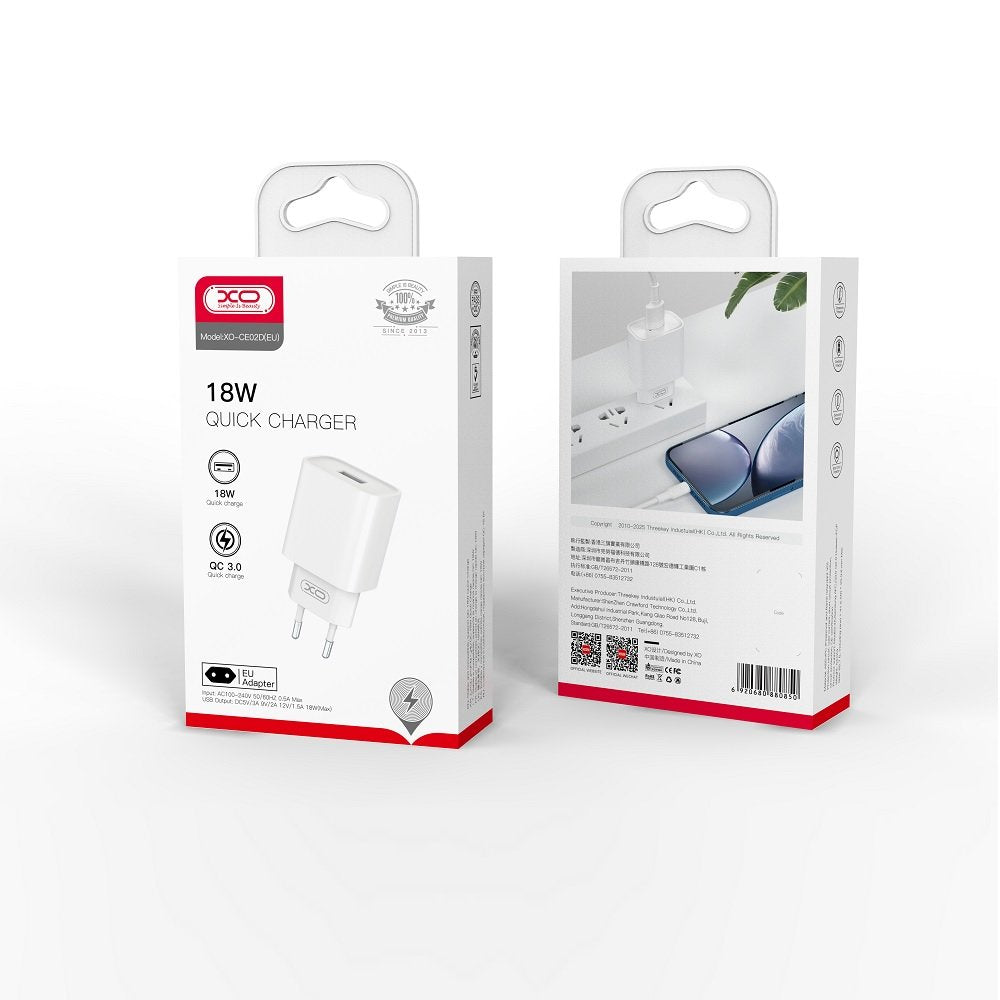XO tīkla lādētājs CE02D QC 3.0 18W 1x USB, balts