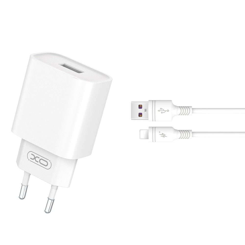 XO tīkla lādētājs CE02D QC 3.0 18W 1x USB balts + Lightning kabelis