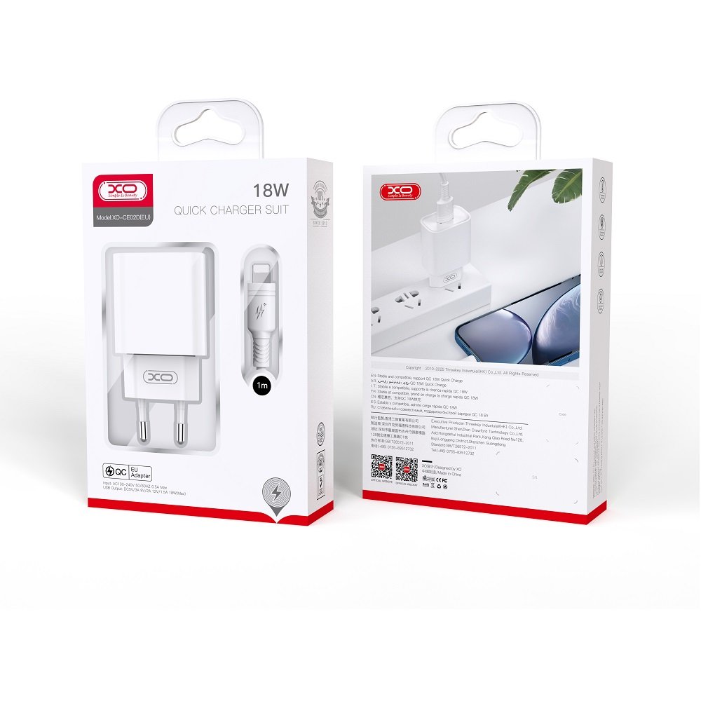 XO tīkla lādētājs CE02D QC 3.0 18W 1x USB balts + Lightning kabelis