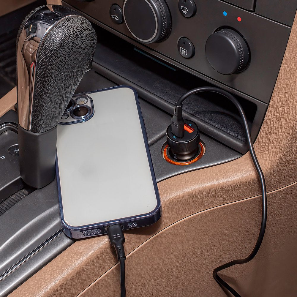 Forever CC-06 PD QC automašīnas lādētājs 1x USB-C 1x USB 20W melns + USB-C - USB-C kabelis 60W