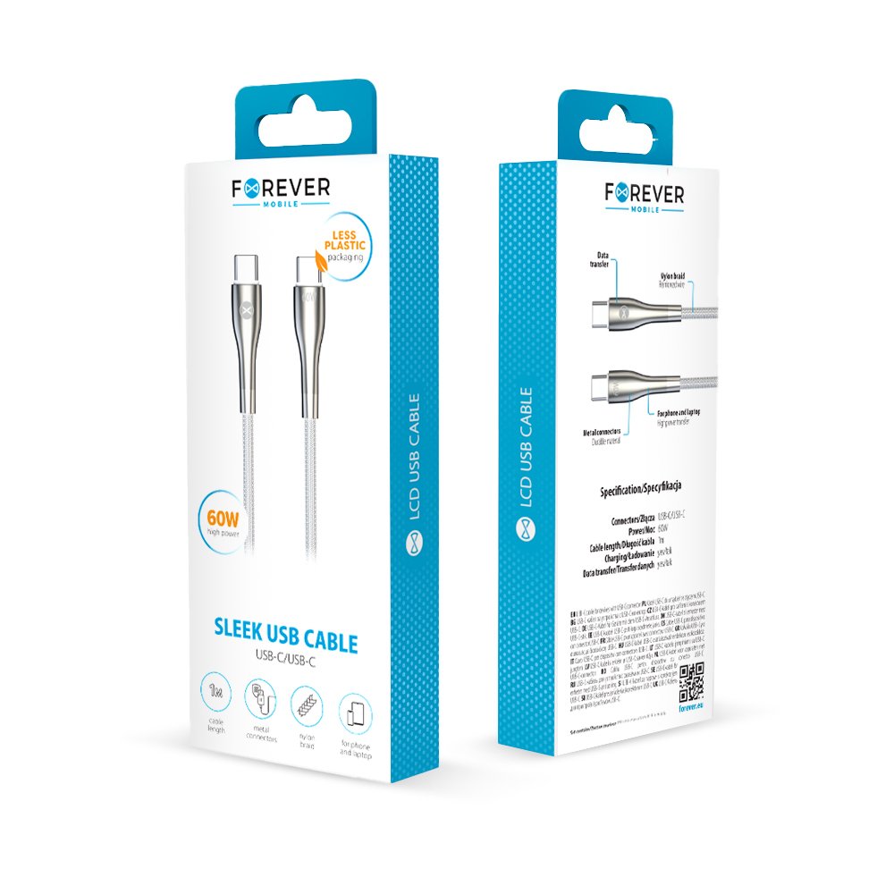 Forever kabelis Sleek USB-C - USB-C 1,0 m 60W, balts