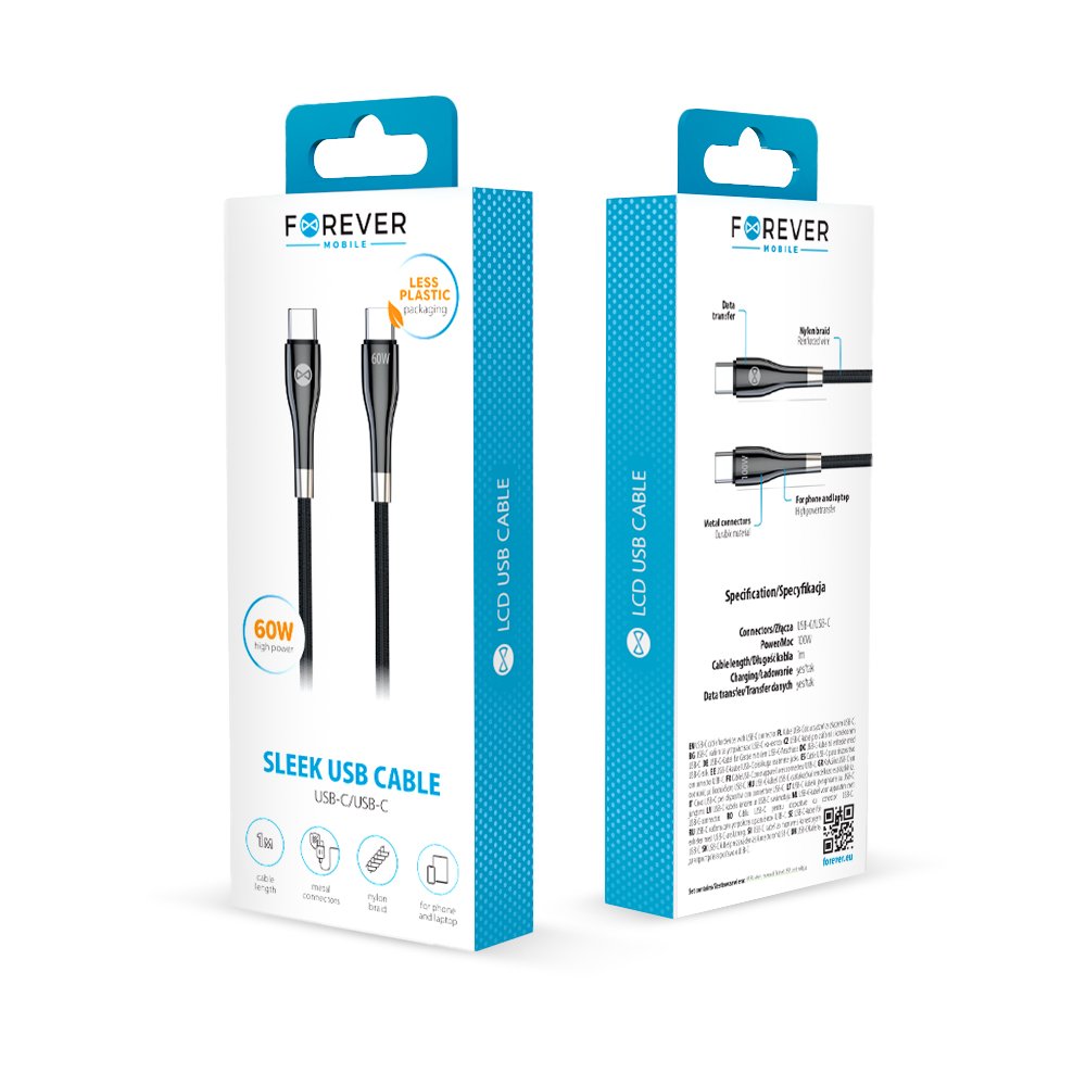 Forever kabelis Sleek USB-C - USB-C 1,0 m 60W, melns