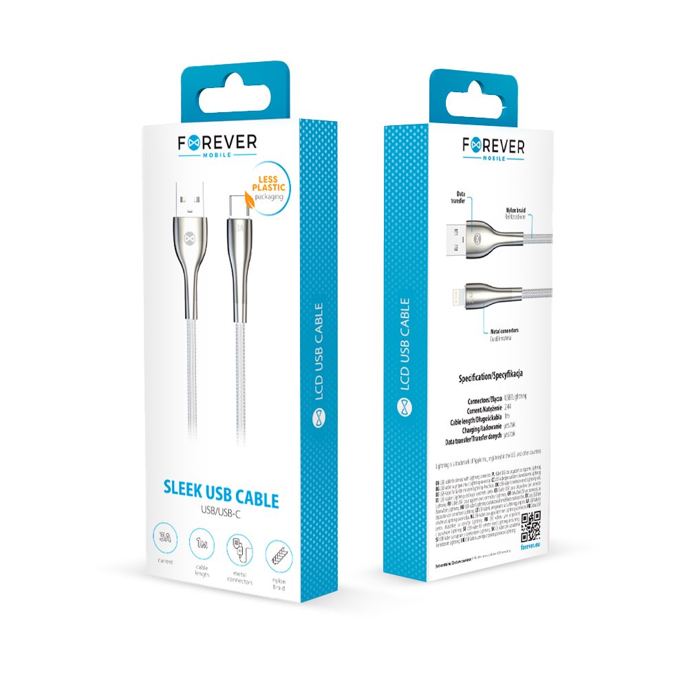 Forever kabelis Sleek USB - USB-C 1,0 m 3A, balts