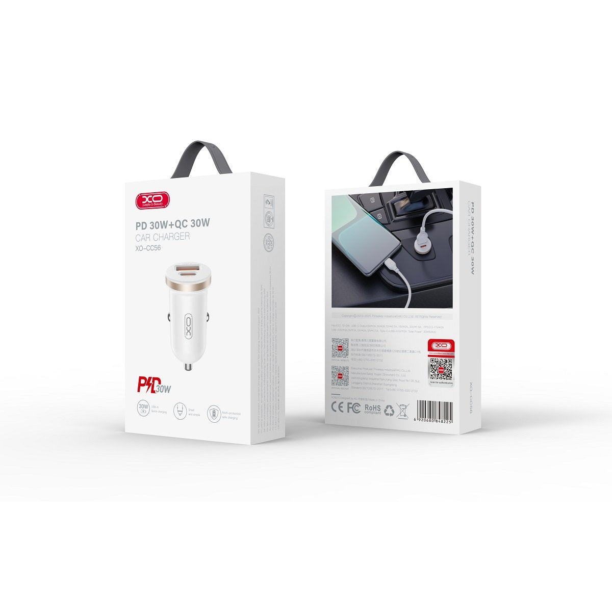 XO auto lādētājs CC56 PD 30W QC 1x USB 1x USB-C, balts