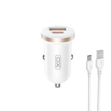 XO automašīnas lādētājs CC56 PD 30W QC 1x USB 1x USB-C balts + USB - USB-C kabelis