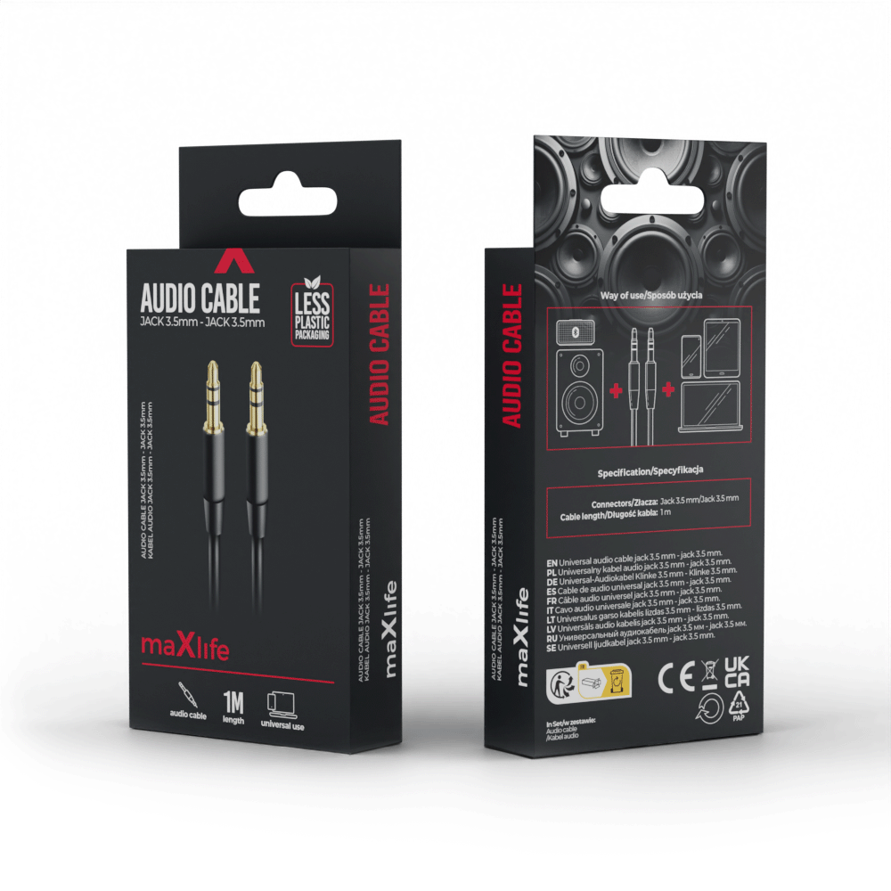 Maxlife audio kabelis 3,5 mm ligzda - 3,5 mm ligzda 1 m, melns