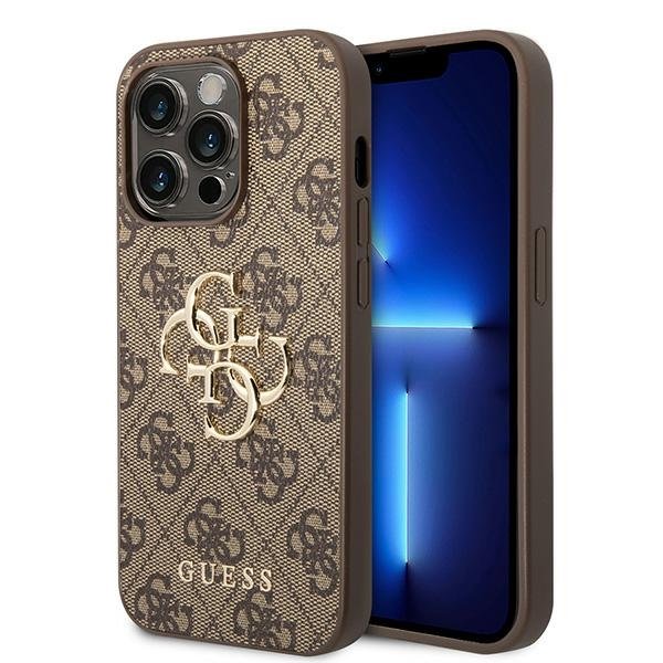 Guess iPhone 15 Pro 6,1" apvalks GUHCP15L4GMGBR – brūns cietais apvalks ar lielu metāla logotipu, 4G