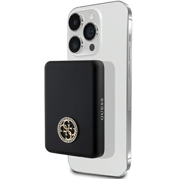 Guess bezvadu powerbank 5 W GUPBM3AL4DMK 3000 mAh, melns, ar MagSafe 4G un metāla logotipu ar strassiem