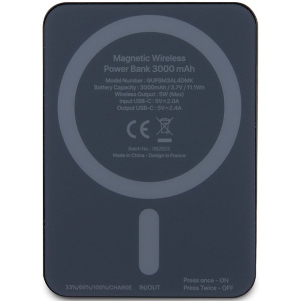 Guess bezvadu powerbank 5 W GUPBM3AL4DMK 3000 mAh, melns, ar MagSafe 4G un metāla logotipu ar strassiem
