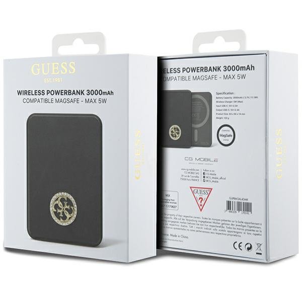 Guess bezvadu powerbank 5 W GUPBM3AL4DMK 3000 mAh, melns, ar MagSafe 4G un metāla logotipu ar strassiem