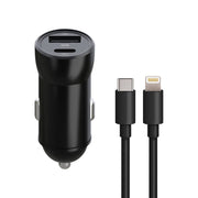 Maxlife MXCC-04 PD QC automašīnas lādētājs 1x USB-C 1x USB 20W melns + USB-C - Lightning kabelis 27W