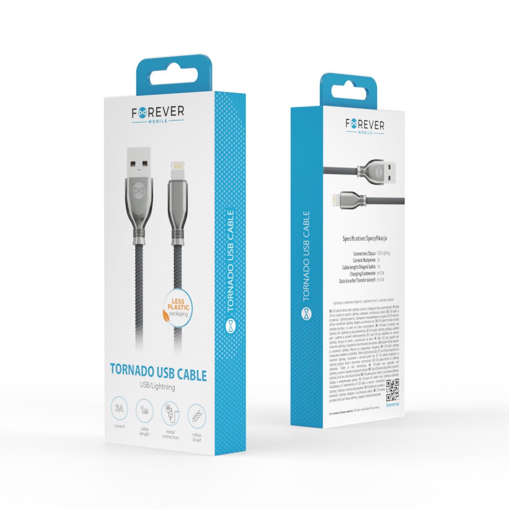 Forever kabelis Tornado USB - Lightning 1,0 m 3A, melns